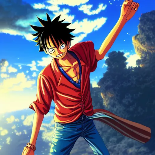 Image similar to luffy art by dan mumford and yusuke murata and makoto shinkai and ross tran, cosmic, heavenly, god rays, intricate detail, cinematic, 8 k, cel shaded, unreal engine, featured on artstation, pixiv