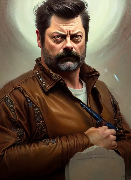 Image similar to portrait of nick offerman, d & d, wet, shiny, fantasy, intricate, elegant, highly detailed, digital painting, artstation, concept art, smooth, sharp focus, illustration, art by artgerm and greg rutkowski and alphonse mucha