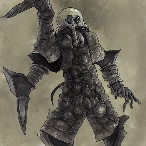 Prompt: squidward as a dark souls boss by Tetsuya Ishida