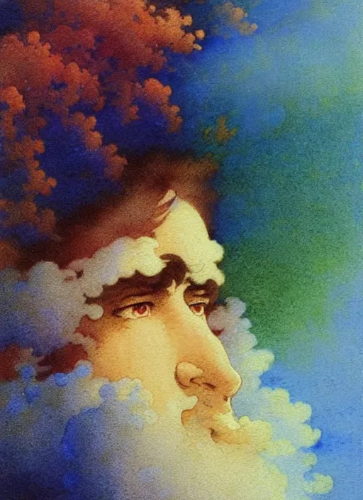 Prompt: vintage 7 0 s anime watercolor by ivan aivazovsky, a portrait of a man with colorful face - paint enshrouded in an impressionist watercolor, representation of mystic crystalline fractals in the background by william holman hunt, art by cicley mary barker, thick impressionist watercolor brush strokes, portrait painting by daniel garber, minimalist simple pen and watercolor