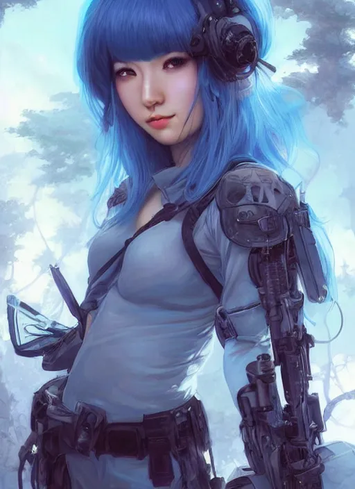 Image similar to stunningly beautiful female blue hair, dj sura face, fantasy art, military girl, army girl outfit, soldier helmet, jungle background, dark light night, sharp focus, digital painting, 8 k, concept art, art by wlop, artgerm, greg rutkowski and alphonse mucha