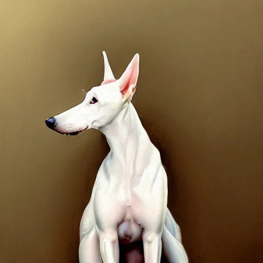 Prompt: A masterpiece portrait of a white greyhound puppy. Greyhound is wearing party hat. Very detailed. intricate, elegant, highly detailed. trending on artstation, digital art, by Stanley Artgerm Lau, WLOP, Rossdraws, James Jean, Andrei Riabovitchev, Marc Simonetti, Yoshitaka Amano