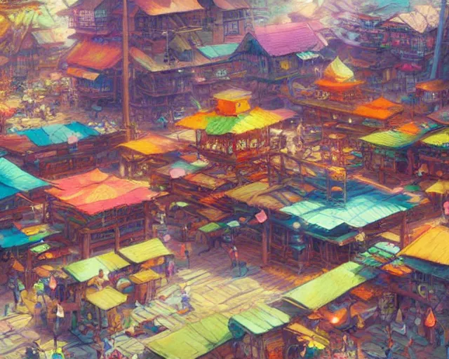 Prompt: colorful marketplace in a great, colorful kitsune city, bamboo, anime, a fantasy digital painting by Greg Rutkowski and James Gurney, trending on Artstation, highly detailed