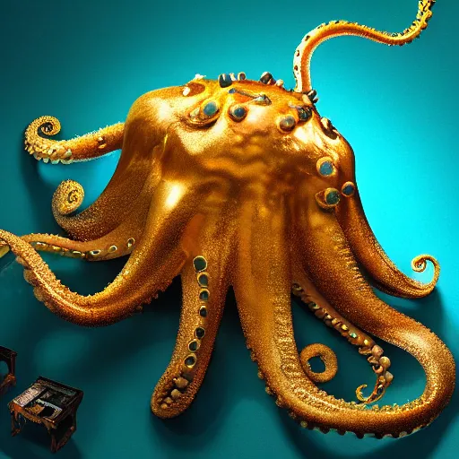 Prompt: a beautiful hyper-realistic 3D matte macro photograph of a gold leafed octopus with Turquoise eyes, black backdrop, dynamic lighting, by greg rutkowski, thomas kinkade, Raphael Lacoste, sparth, Jason Rainville, Ian Mcque, Douglas Murakami, Albert Bierstadt, and andreas rocha high resolution, 4K, 16K, 8K, HD, detail, photobash, good focus, F16, quality