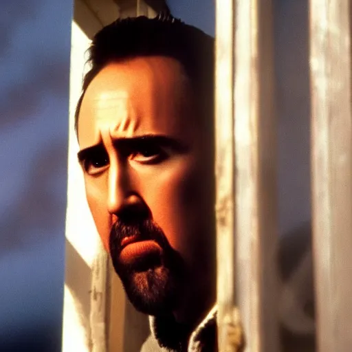 Image similar to nicholas cage as juliet in the window looking down at nicholas cage as romeo, beautiful cature of the stageplay nicholas and nicholas by shakespeare