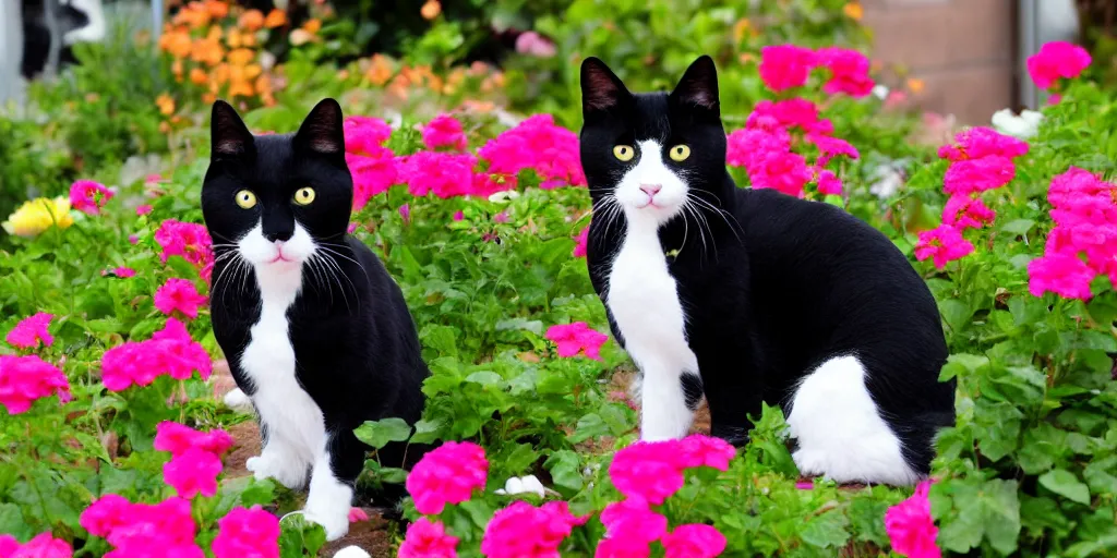 Image similar to a tuxedo cat with a white chin, black face, white whiskers and a white spade on his chest sitting in a flower bed