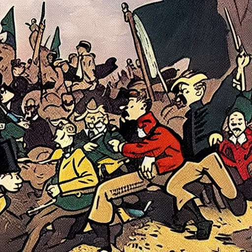 Prompt: Tintin and other revolutionaries on the barricades of Paris in 1848, The Adventures of Tintin, by Hergé, 8k