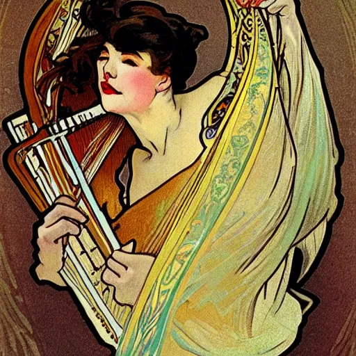 Image similar to a Happy Jester playing the harp, in the style of Alphonse Mucha