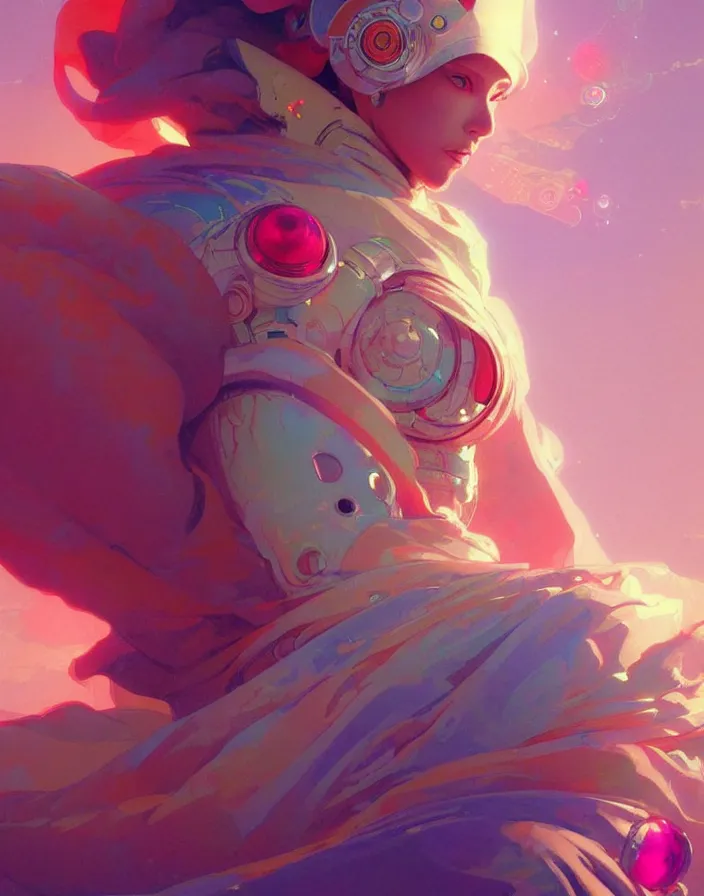 Image similar to a robot monk wearing a flowing cloak, vaporwave aesthetic, colorful, psychedelic, digital painting, artstation, concept art, smooth, sharp focus, illustration, art by artgerm and greg rutkowski and alphonse mucha