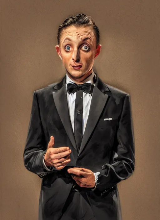 Prompt: portrait of Tim Robinson from I Think You Should Leave (2019), highly detailed, tuxedo, centered, solid color background, digital painting, artstation, concept art, smooth, sharp focus, illustration, donato giancola, Joseph Christian Leyendecker, Les Edwards, Ed Repka, WLOP, Artgerm