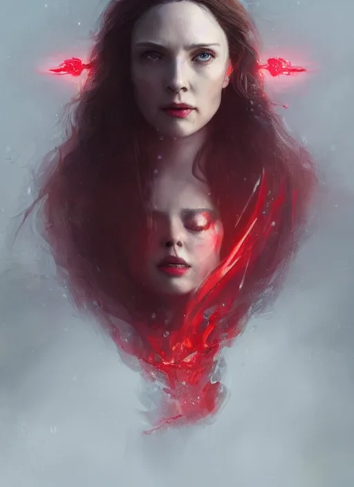 Image similar to A fancy portrait of the Scarlet Witch with her head submerged in water by Greg Rutkowski, Sung Choi, Mitchell Mohrhauser, Maciej Kuciara, Johnson Ting, Maxim Verehin, Peter Konig, Bloodborne, 8k photorealistic, cinematic lighting, HD, high details, dramatic, atmospheric , trending on artstation