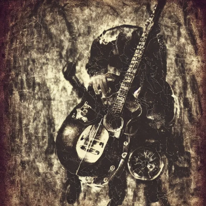 Prompt: “Cyborg Black Blues Singer 1930's with steampunk guitar and keyboard. Dramatic old torn photograph”