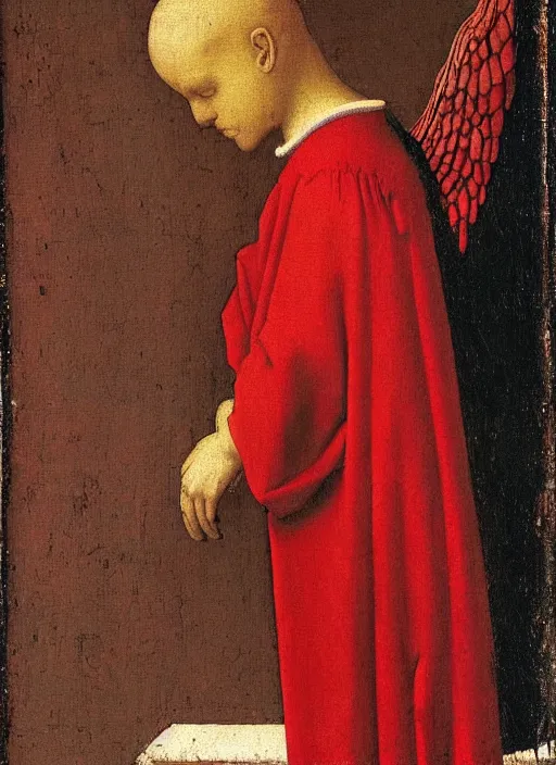 Image similar to Profile of Fallen Angel dressed in red, Medieval painting by Jan van Eyck, Johannes Vermeer, Florence