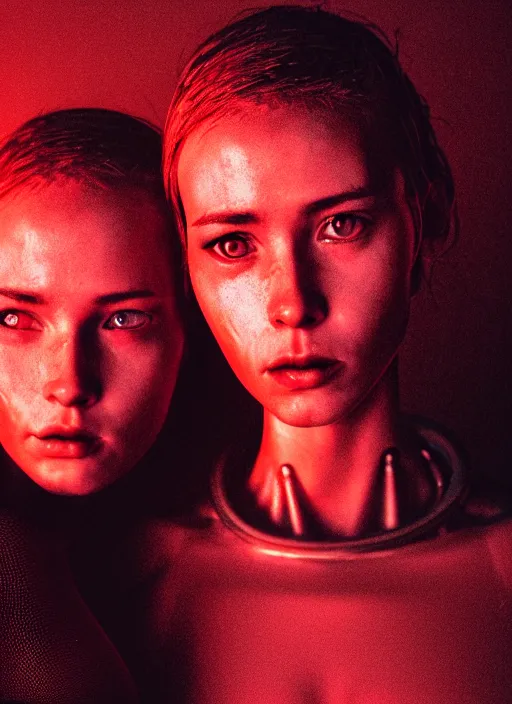 Image similar to cinestill 5 0 d photographic portrait of two loving female androids wearing rugged black mesh techwear on a desolate plain with a red sky, extreme closeup, modern cyberpunk, dust storm, 8 k, hd, high resolution, 3 5 mm, f / 3 2, ultra realistic faces, ex machina, blade runner