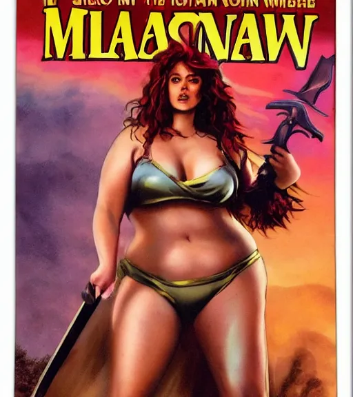 Prompt: 1 9 8 0 s fantasy novel book cover, bbw plus size amazonian karen gillan in extremely tight bikini armor wielding a cartoonishly large sword, exaggerated body features, dark and smoky background, low quality print