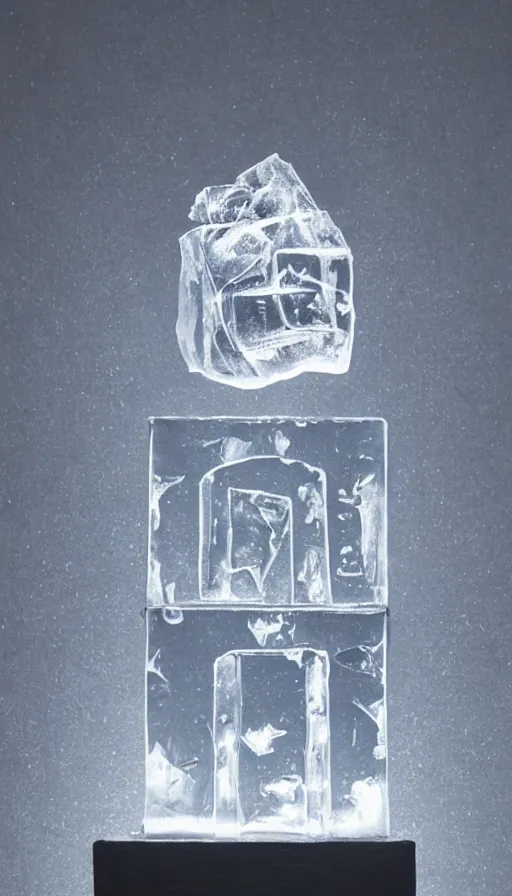 Prompt: the rapper'ice cube'carved out of ice, lit from bottom, full body, wide angle photo, award winning