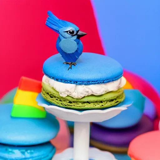 Prompt: a photo blue jay bird standing on a basket of rainbow macaron desserts.