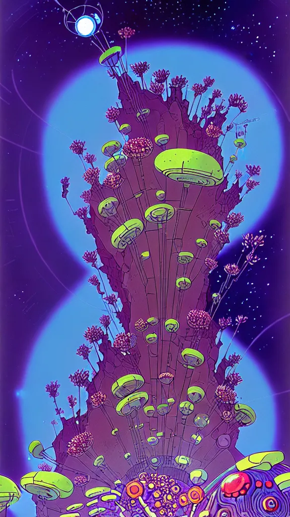 Image similar to a scifi illustration, An unknown mechanism bouquet of flowers in the depths of an ancient cave system on a distant planet in FANTASTIC PLANET La planète sauvage animation by René Laloux