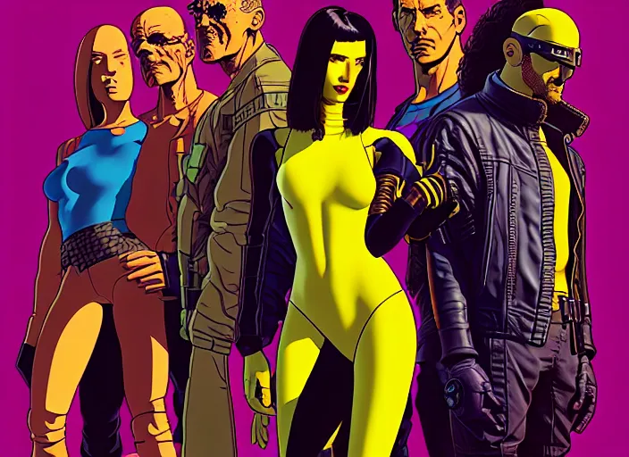 Image similar to cyberpunk heist crew. portrait by stonehouse and mœbius and will eisner and gil elvgren and pixar. character design. realistic proportions. cyberpunk 2 0 7 7 character art, blade runner 2 0 4 9 concept art. cel shading. attractive face. thick lines. the team. diverse characters. artstationhq.