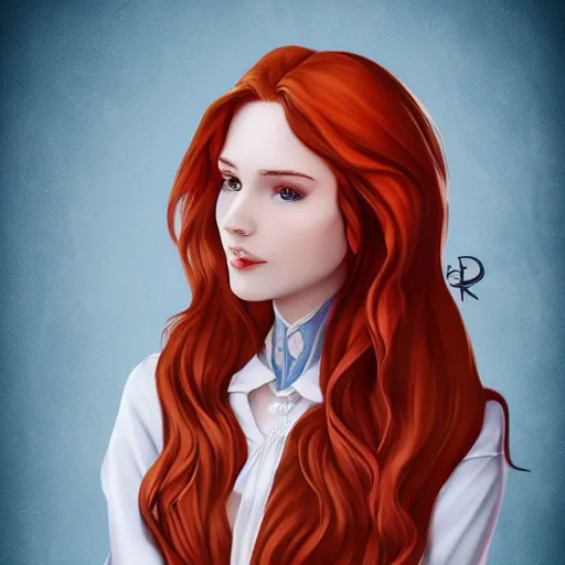 Prompt: a portrait of a young woman with red hair, smart, rich, fancy clothes, artist, artistic, shallan davar, blue eyes, beautiful, smiling, thick hair, dnd, artgerm style