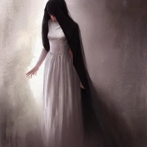 Prompt: A girl wearing a white dress and a black veil, hugging herself in a corner of a dark room hiding from demons by Greg Rutkowski, realism, trending on Artstation