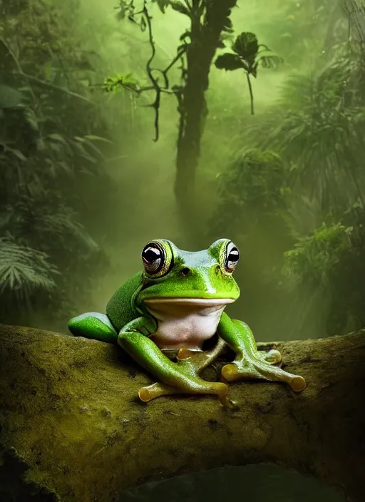 Image similar to a beautiful matte painting of a green frog in the jungle, kambo