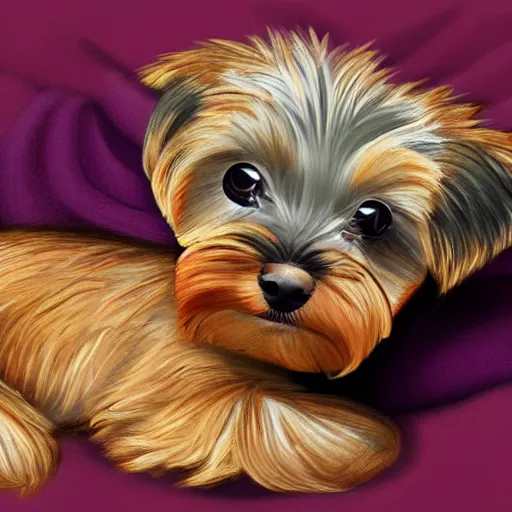 Image similar to digital painting of a cute adorable yorkie puppy sleeping on a soft blanket