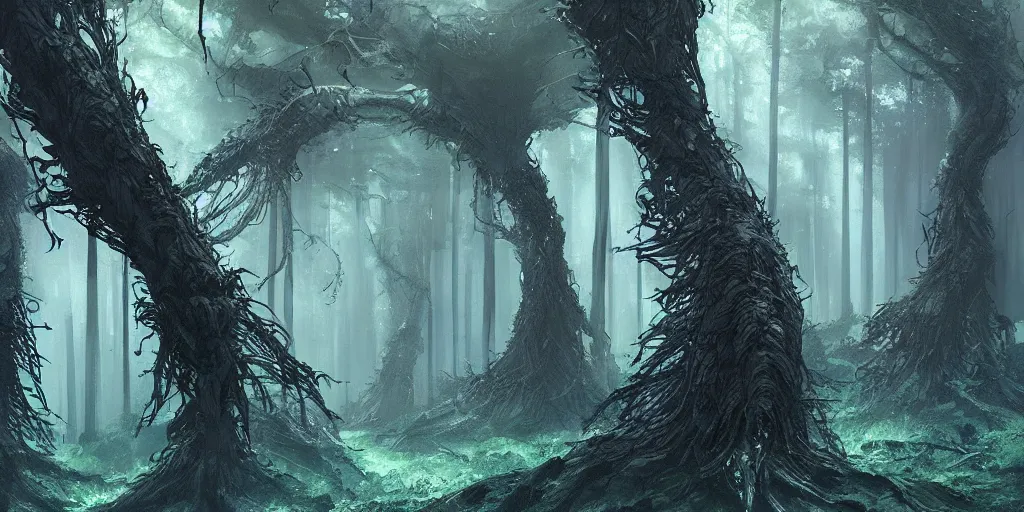 Image similar to centipede monster - trees in futuristic spiritual mystical post apocalyptic forest by mone, dim painterly volumetric aquatic lighting, beautiful, crisp, artstation, highly detailed