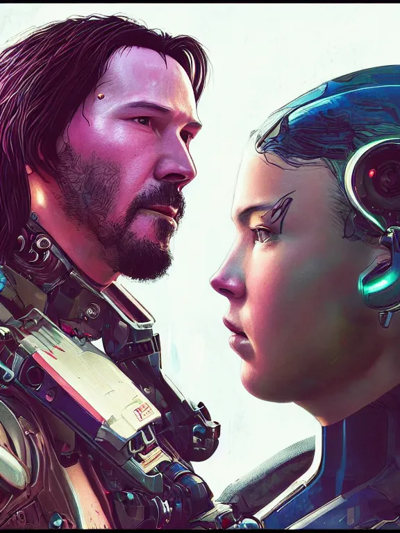 Image similar to a cyberpunk 2077 couple portrait of Keanu Reeves&female android in final kiss,love,film lighting,by Laurie Greasley,Lawrence Alma-Tadema,Dan Mumford,artstation,deviantart,FAN ART,full of color,Digital painting,face enhance,highly detailed,8K,octane,golden ratio,cinematic lighting