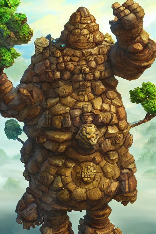 Image similar to zelda fantasy art giant golem troll wood rock greeble gemstone, global illumination ray tracing hdr fanart arstation by sung choi and eric pfeiffer and gabriel garza and casper konefal