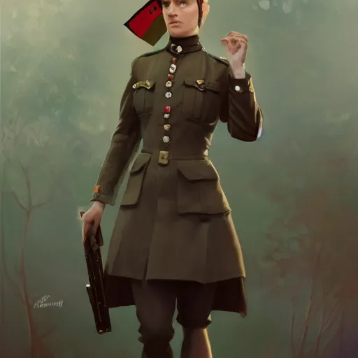 Image similar to full body portrait of addison rae in nazi female uniform, intricate, elegant, highly detailed, digital painting, artstation, smooth, sharp focus, illustration, art by artgerm and greg rutkowski and alphonse mucha, 8 k