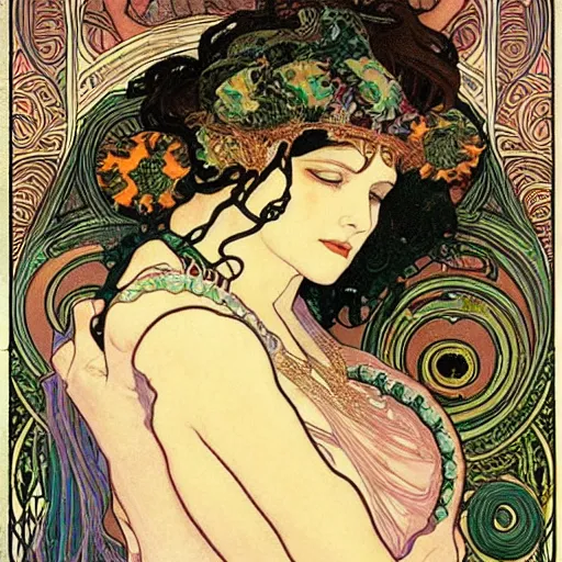 Image similar to cleopatra with coiled serpents beautiful detailed romantic art nouveau face portrait by alphonse mucha, kay nielsen, yoshitaka amano, and gustav klimt, hauntingly beautiful refined moody dreamscape