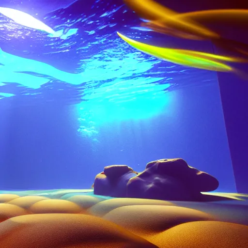 Prompt: 3d render underwater with brilliant lights. Colorful caustics. 8k resolution. Unreal engine.