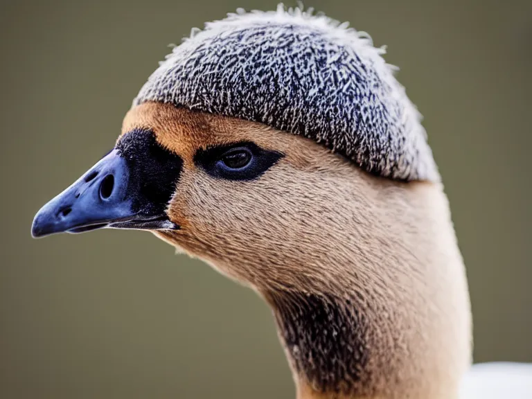 Image similar to Canadian Goose with a funny hat, Portrait Photo, Photorealistic, 100mm lens, out of focus