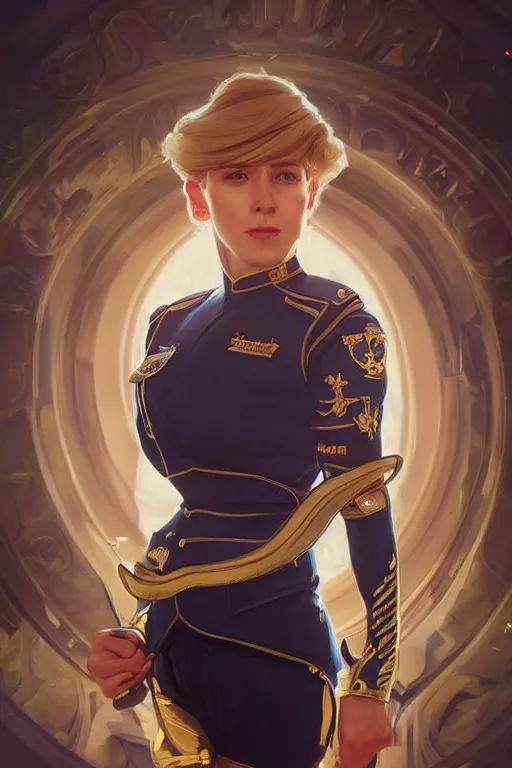 Image similar to beautiful portrait of a female officer wearing a fancy naval uniform, art by artgerm, wlop, greg rutkowski, alphonse mucha, science fiction, intricate detail, blonde hair, space background, trending on artstation, sharp focus, illustration, caustics, octane render, radiant light, 4 k