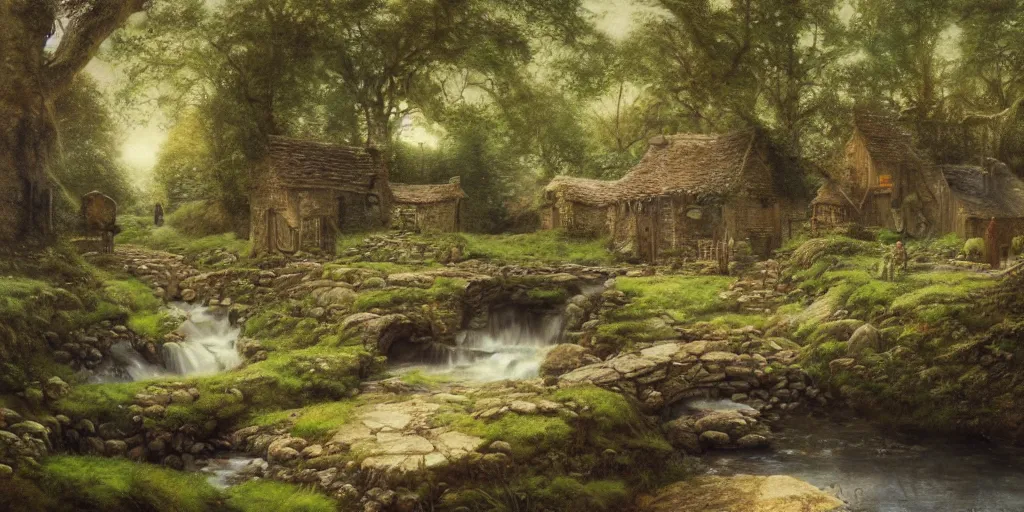 Prompt: a small surreal serene fantasy village on the edge of the woods, small stream, water wheel, by alan lee, lord of the rings, smooth, detailed terrain, oil painting, matte painting, concept art, trending on artstation