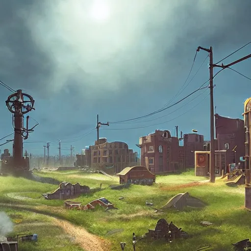 Prompt: some Steampunk buildings with the sun shining through the clouds in utopia by Simon Stålenhag and Greg Rutkowski,In style of Grant Wood.hyper detailed,8K Resolution,unreal engine 5,epic lighting,Ray Tracing,highly realistic