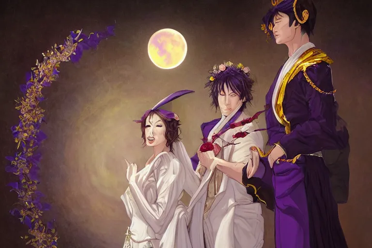 Image similar to a cinematic portrait of wedding photograph jpeg close up moment of a divine a japan sun god and moon goddess lovers magician at a wedding banquet. portraiture. digital painting. artstation. concept art. wedding photo. digital painting. violet evergarden art masterpiece by art by krenz cushart