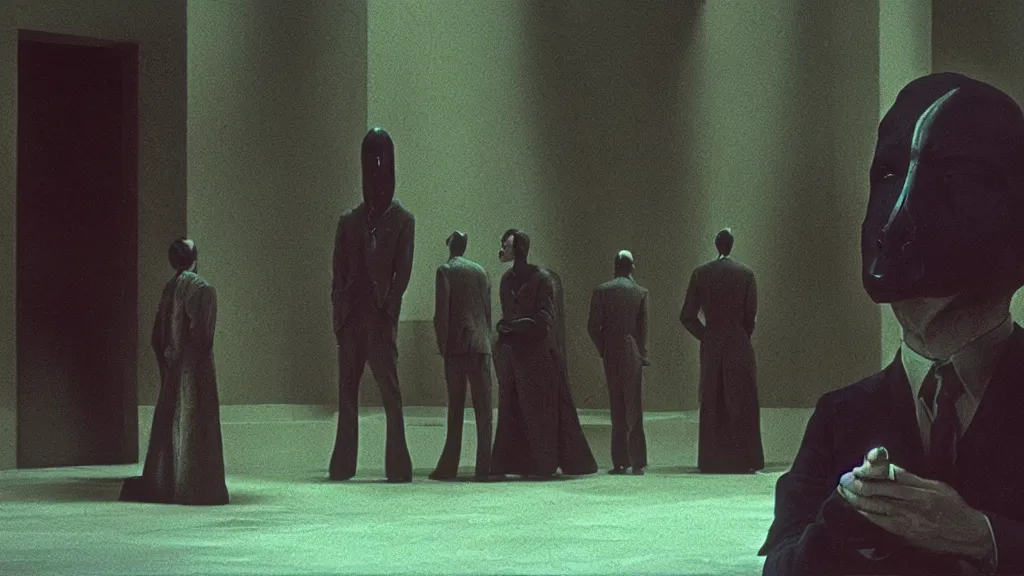 Image similar to the strange creature from my eye, we wait in line at the bank, film still from the movie directed by denis villeneuve and david cronenberg with art direction by salvador dali and zdzisław beksinski, wide lens