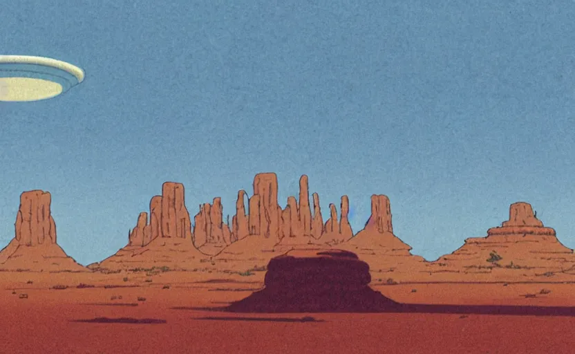 Image similar to a cell - shaded studio ghibli concept art from paprika ( 2 0 0 6 ) of a ufo with lights from close encounters of the third kind ( 1 9 7 7 ) sitting on top of a lush temple that looks like monument valley stonehenge jungle. a giant camel is in the foreground. very dull colors, hd, 4 k, hq