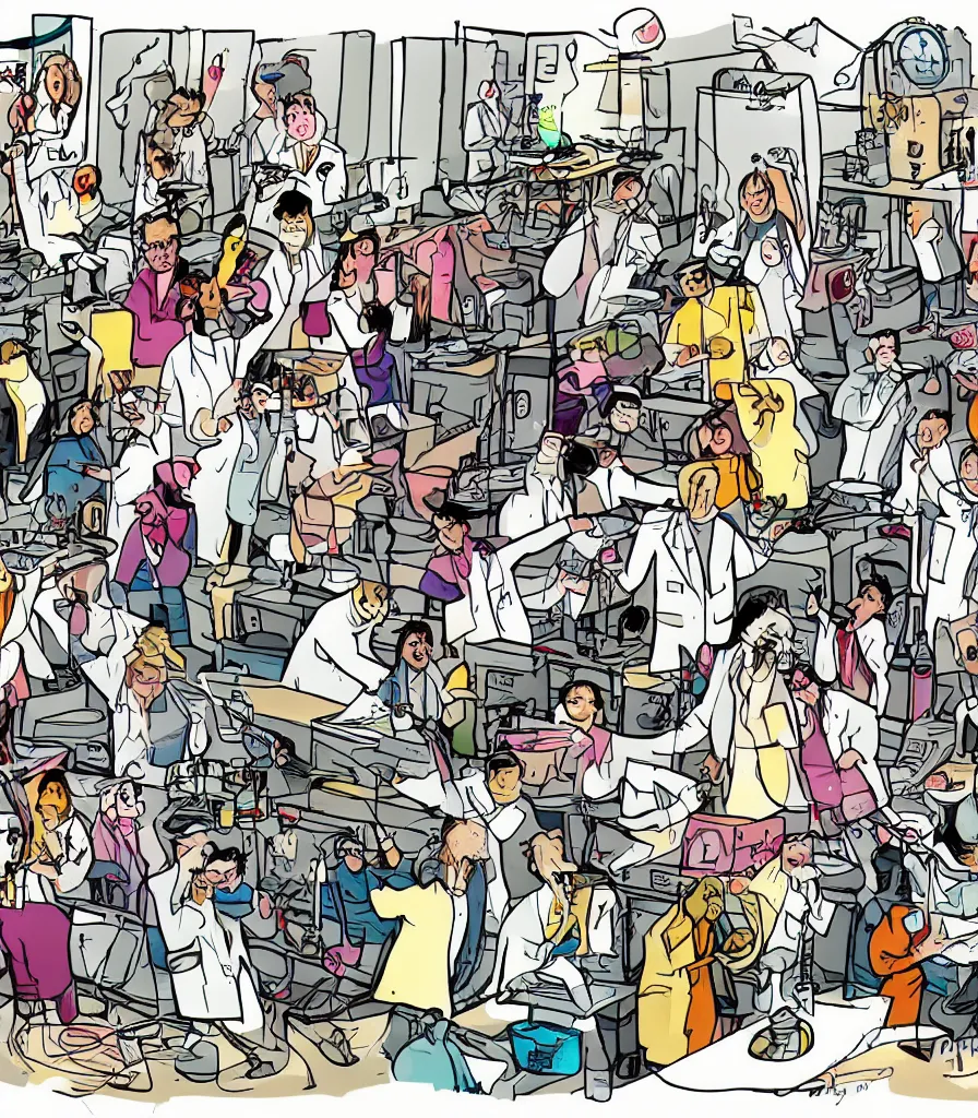 Prompt: a beautiful artwork of scientists throwing a party in a messy laboratory, comic, chaotic, funny drawing