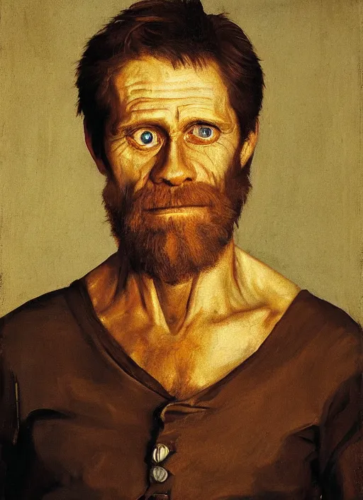 Image similar to portrait painting of willem dafoe with short beard, renaissance oil painting, studious chiaroscuro