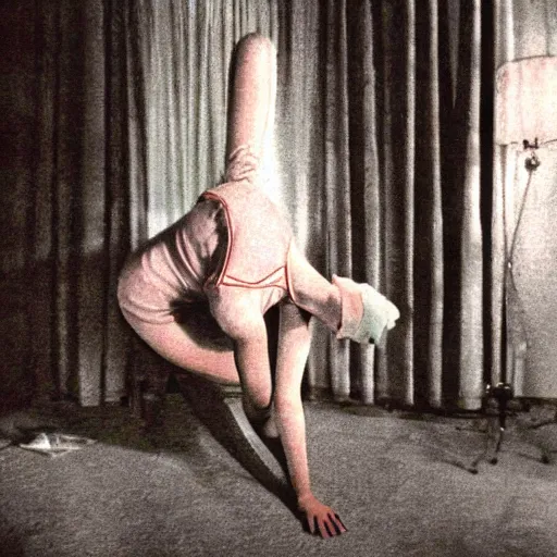 Prompt: color photo on vintage film stock of 1930s model in a dark but well-appointed room, crawling towards the camera to lick up milk from a bowl on the floor of an art deco mansion. Her hands stay on the floor. There are red curtains in the distance and soft pools of light illuminating her and the surroundings.