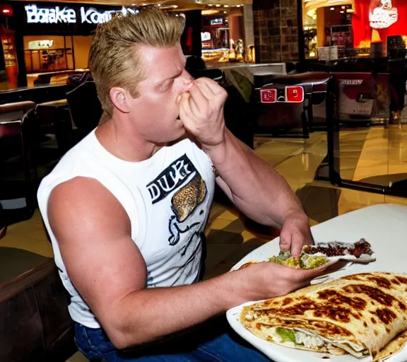 Image similar to duke nukem eating a burrito in a shopping mall