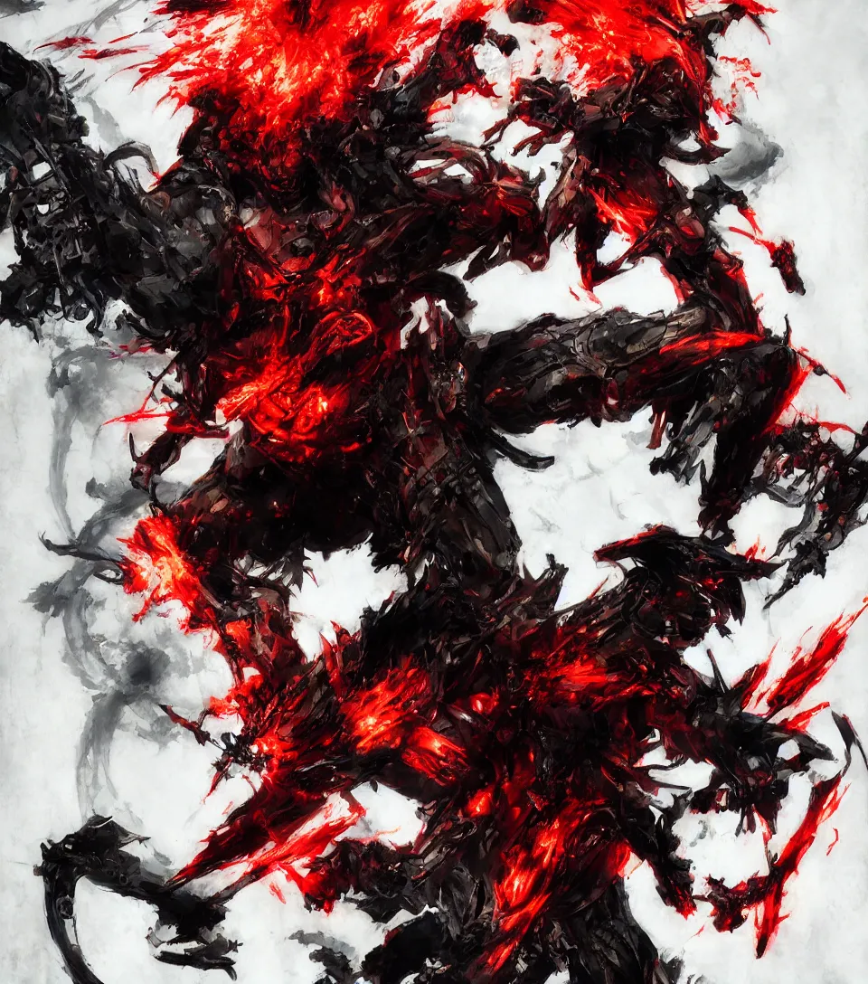 Prompt: lone demonic ninja in hell, red flames, collaborative artwork by yoshikita amano, ruan jia, yoji shinkawa, trending on artstation, very very detailed, beautiful, amazing quality, breathtaking artwork