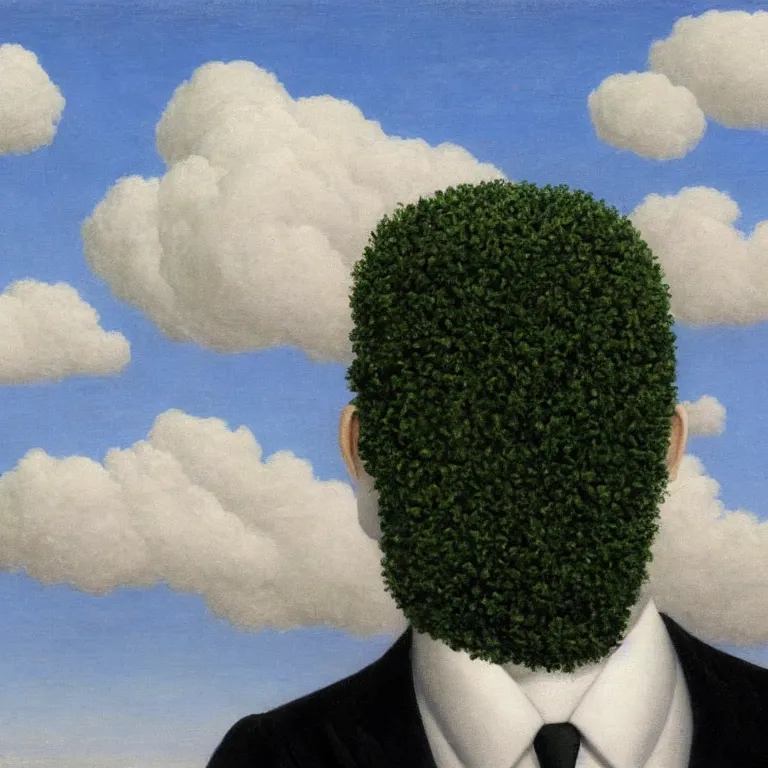 Image similar to portrait of a faceless white - masked - head man in a suit and black gloves, clouds and nature landscape in the background, by rene magritte, detailed painting, distance, centered, hd, hq, high resolution, high detail, 4 k, 8 k