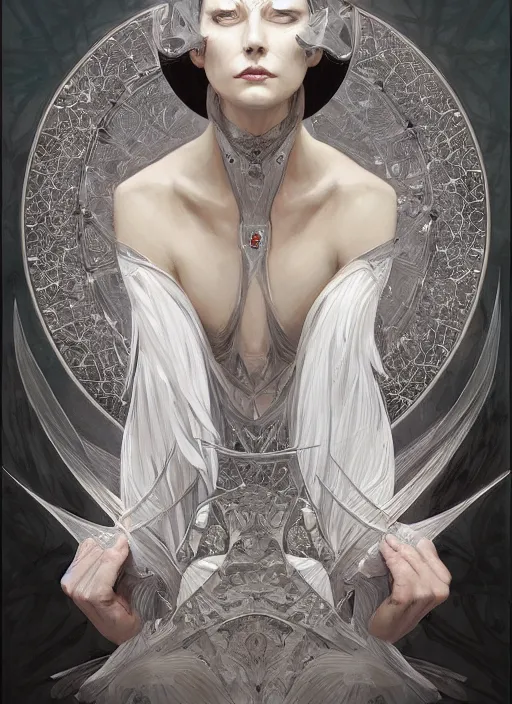 Image similar to symmetry!! white witch, machine parts embedded into face, intricate, elegant, highly detailed, digital painting, artstation, concept art, smooth, sharp focus, illustration, art by artgerm and greg rutkowski and alphonse mucha, 8 k