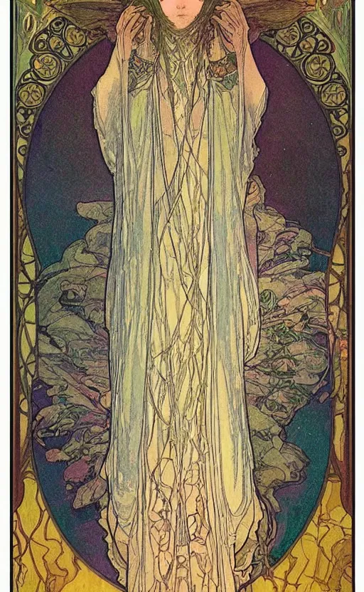 Image similar to the high priestess, tarot, beautiful border, by alfons maria mucha, highly detailded