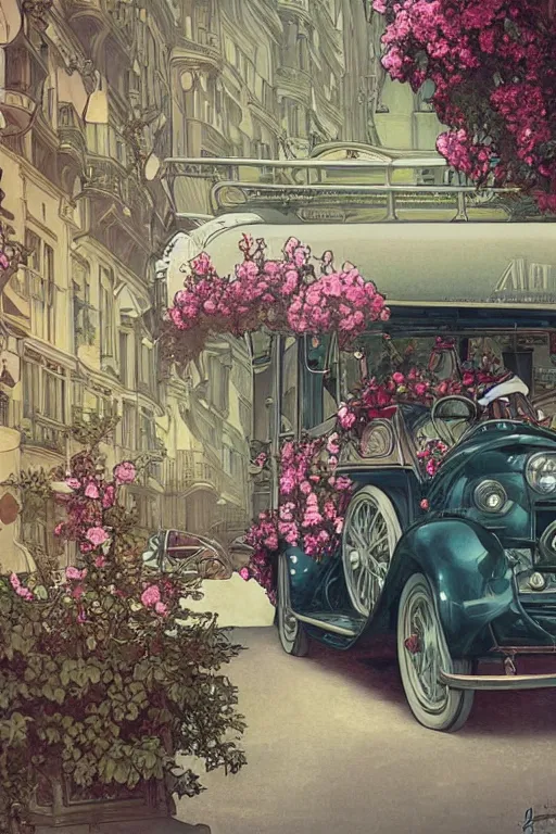 Prompt: ultra realistic illustration, old vintage car in the city with flowers blooming out the window, elegant, highly detailed, digital painting, concept art, smooth, sharp focus, illustration, art by alphonse mucha