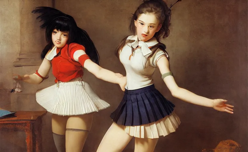 Prompt: school girl dancing, school uniform, seifuku, pleated miniskirt, overknee socks, battle angel alita. by rembrandt 1 6 6 7, illustration, by konstantin razumov